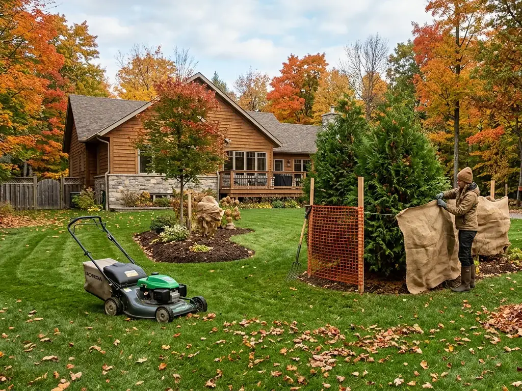 Cèdres emballés de toile de jute et clôtures à neige installées, feuilles ramassées devant une maison d'automne